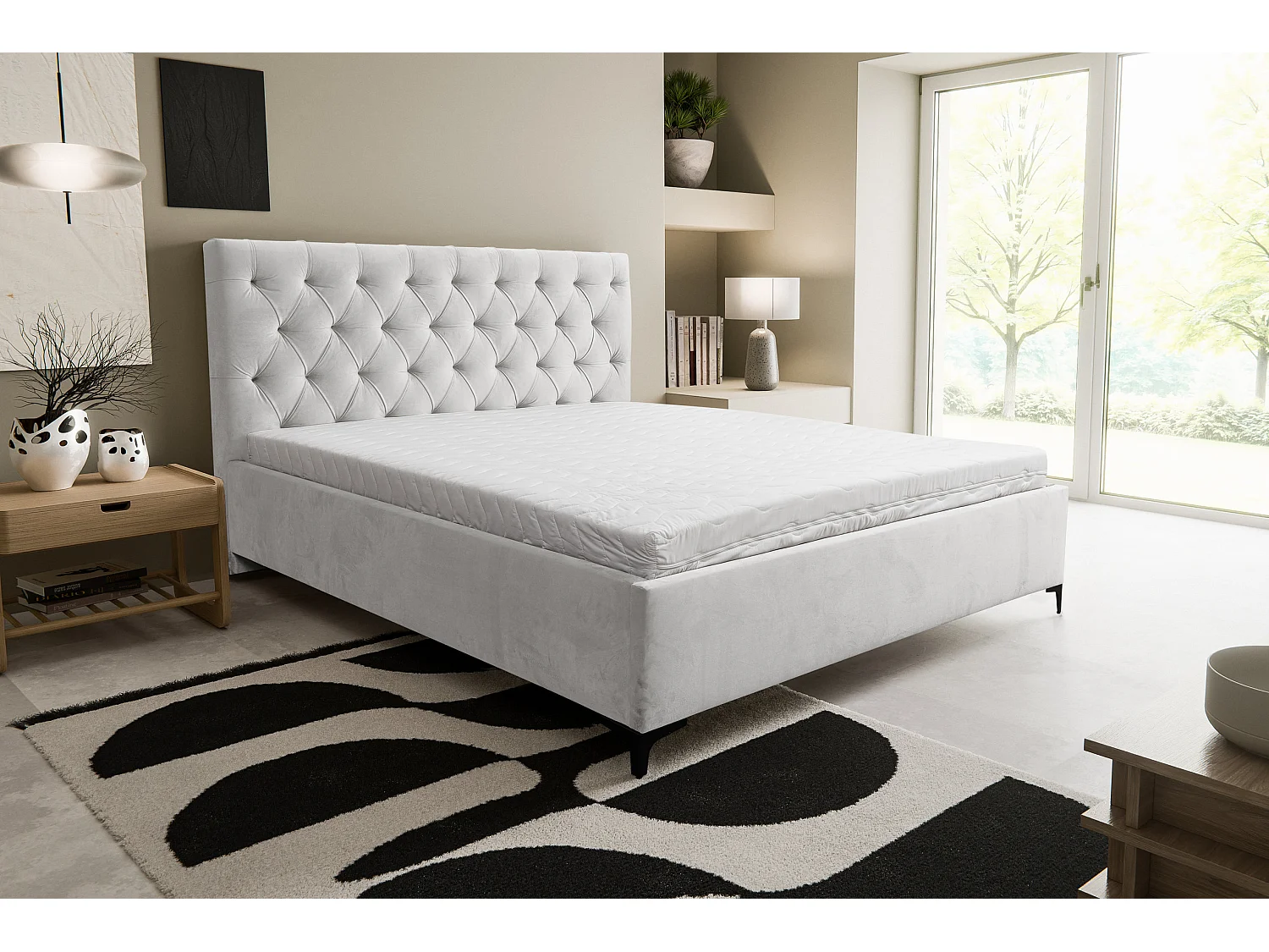 Lit rembourré Chesterfield avec tête de lit, 160 x 200 cm, lit double avec coffre de rangement et sommier à lattes en métal, tissu velours, couleur : gris clair