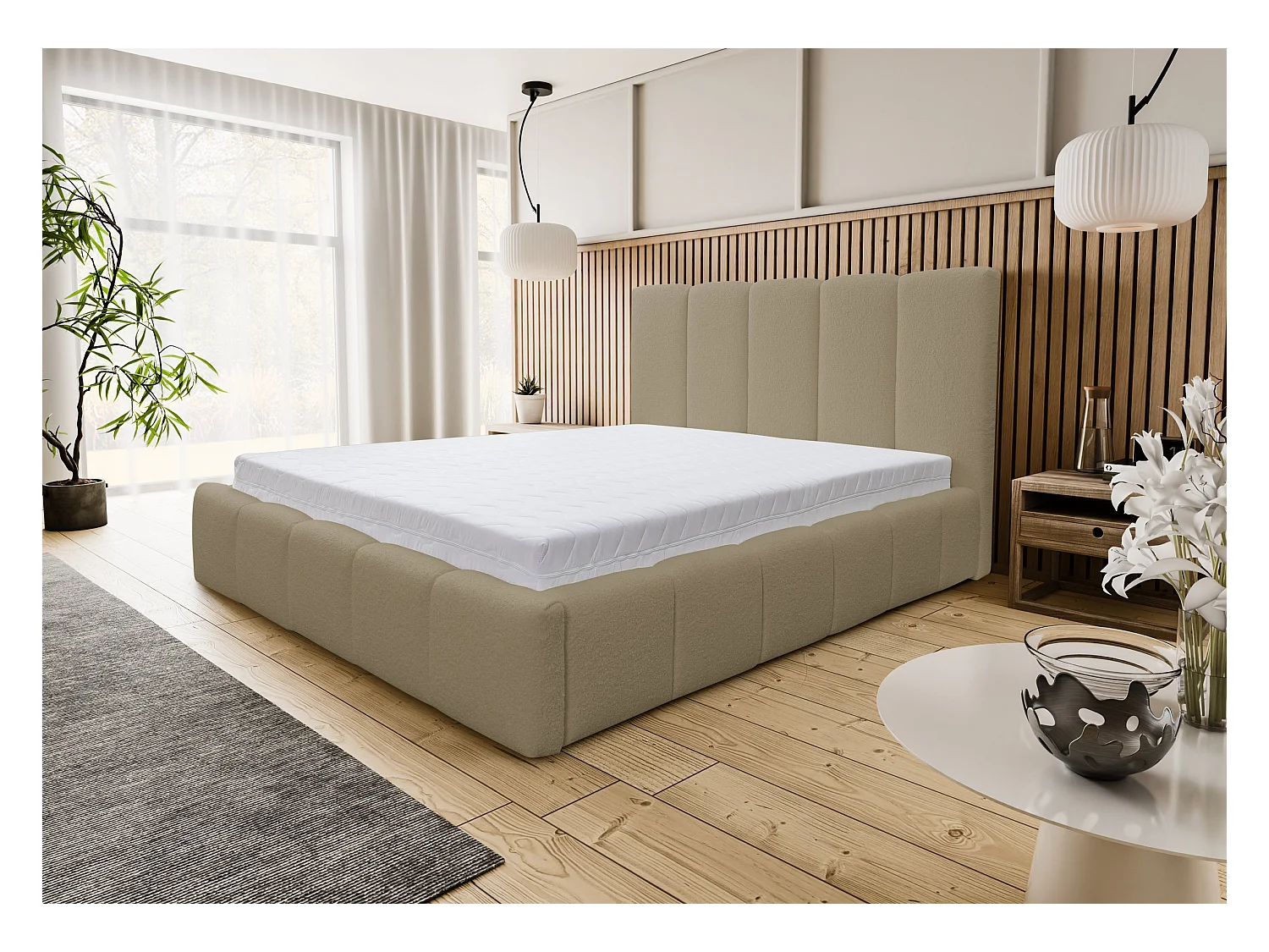 Lit rembourré Marco avec tête de lit, 160 x 200 cm, lit double avec coffre de rangement et sommier à lattes en métal, tissu bouclé, couleur : marron