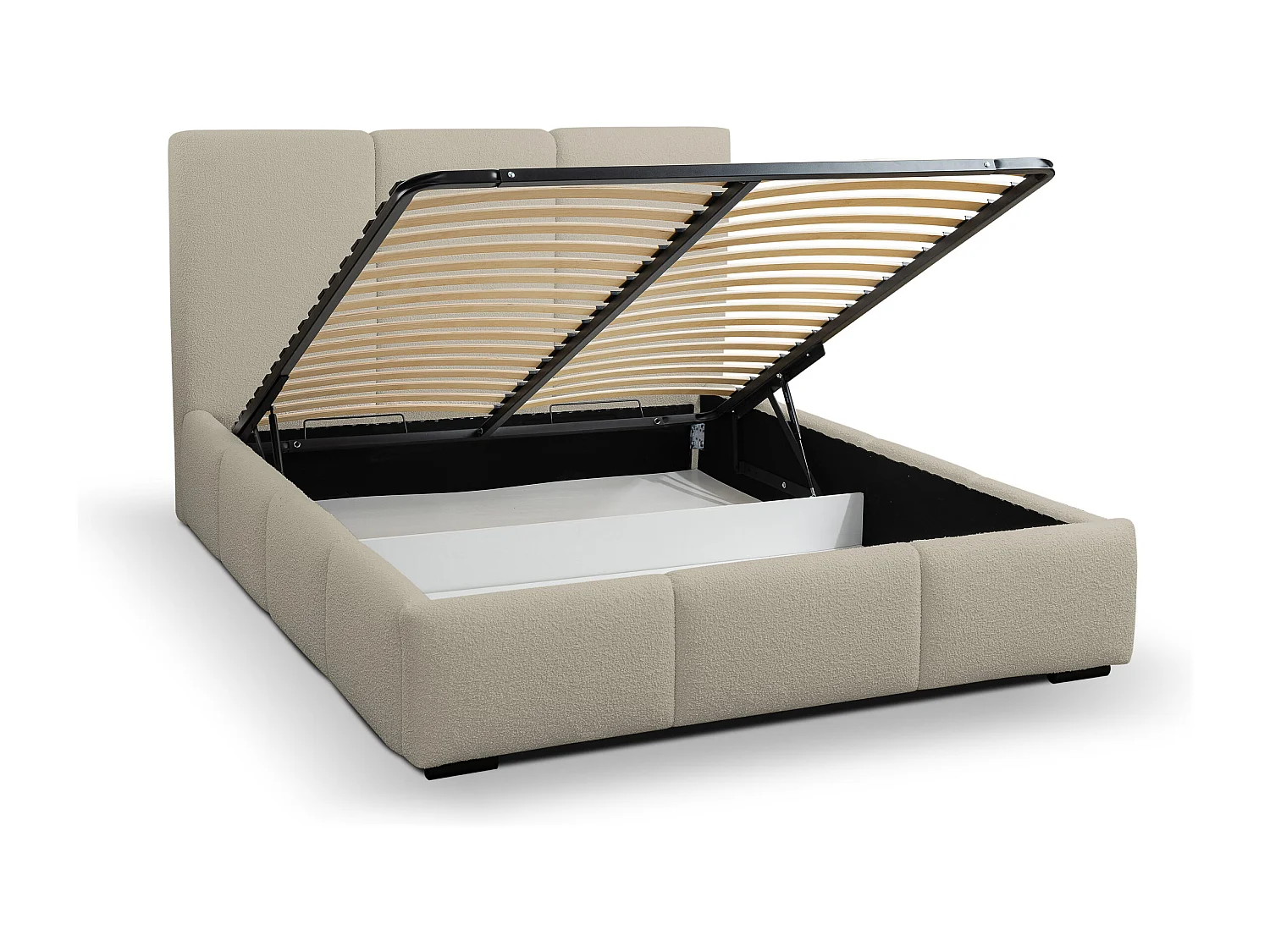 Lit rembourré Basti avec tête de lit, 140 x 200 cm, lit double avec coffre de rangement et sommier à lattes en métal, tissu bouclé, couleur : marron clair