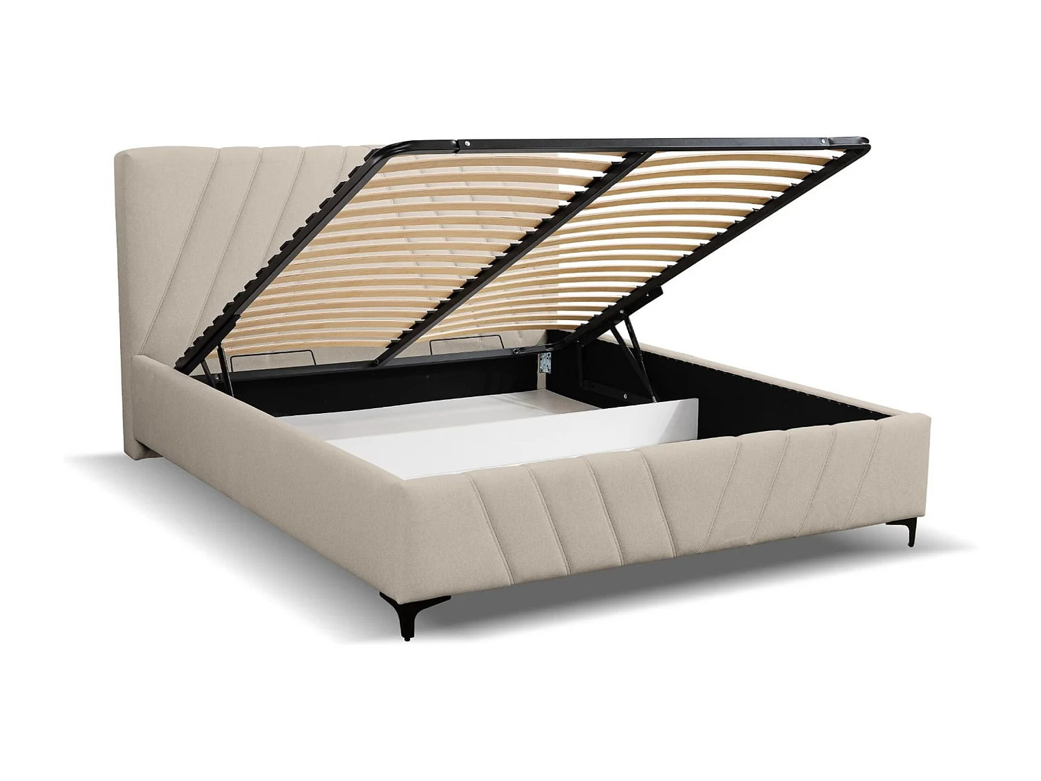 Lit rembourré Capri  avec tête de lit, 140 x 200 cm, lit double avec coffre de rangement et sommier à lattes en métal, tissu velours, couleur : beige