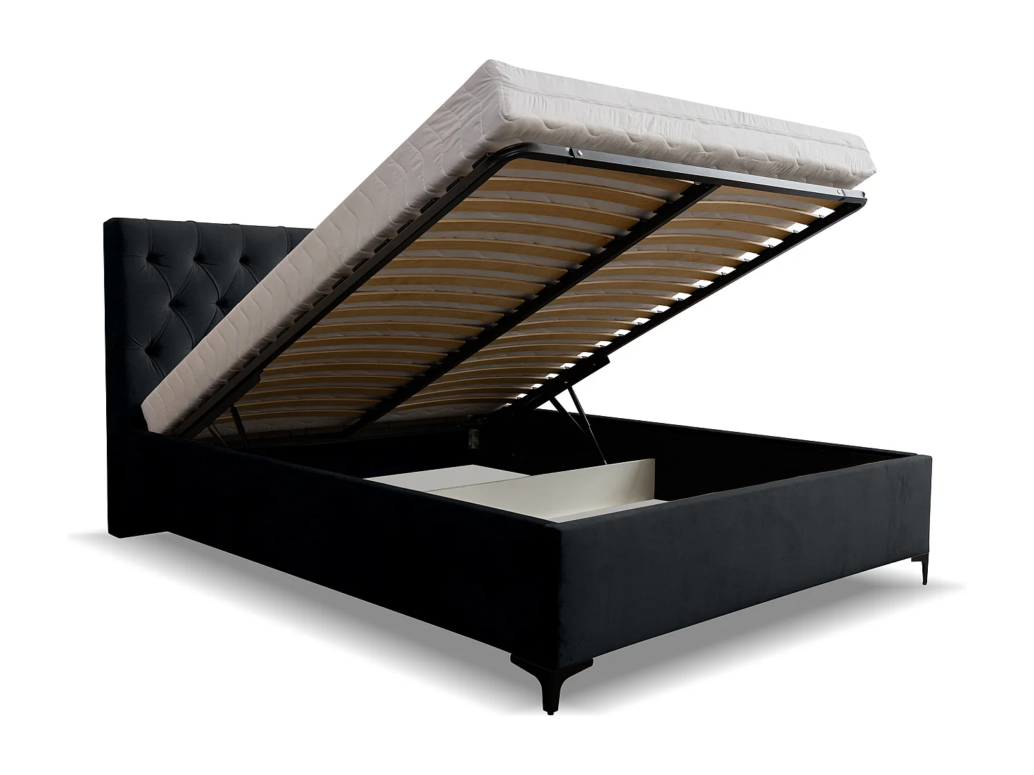 Lit rembourré Chesterfield avec tête de lit, 160 x 200 cm, lit double avec coffre de rangement et sommier à lattes en métal, tissu velours, couleur : noir