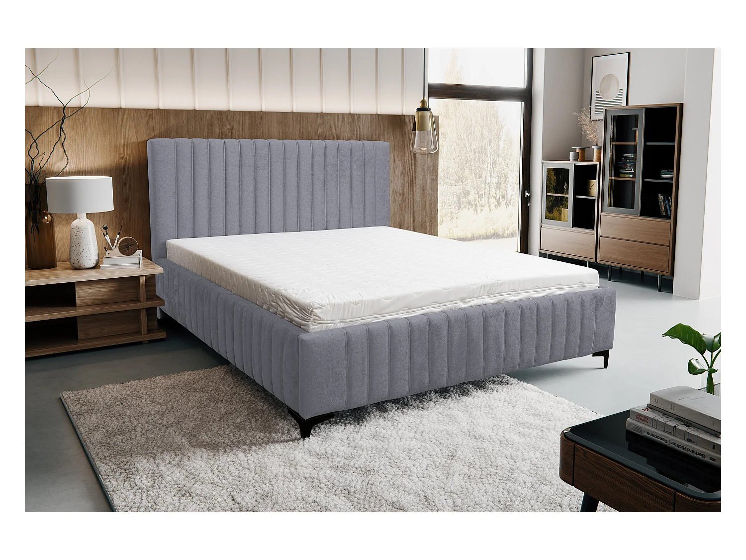 Lit rembourré Quant avec tête de lit, 160 x 200 cm, lit double avec coffre de rangement et sommier à lattes en métal, tissu velours, couleur : gris