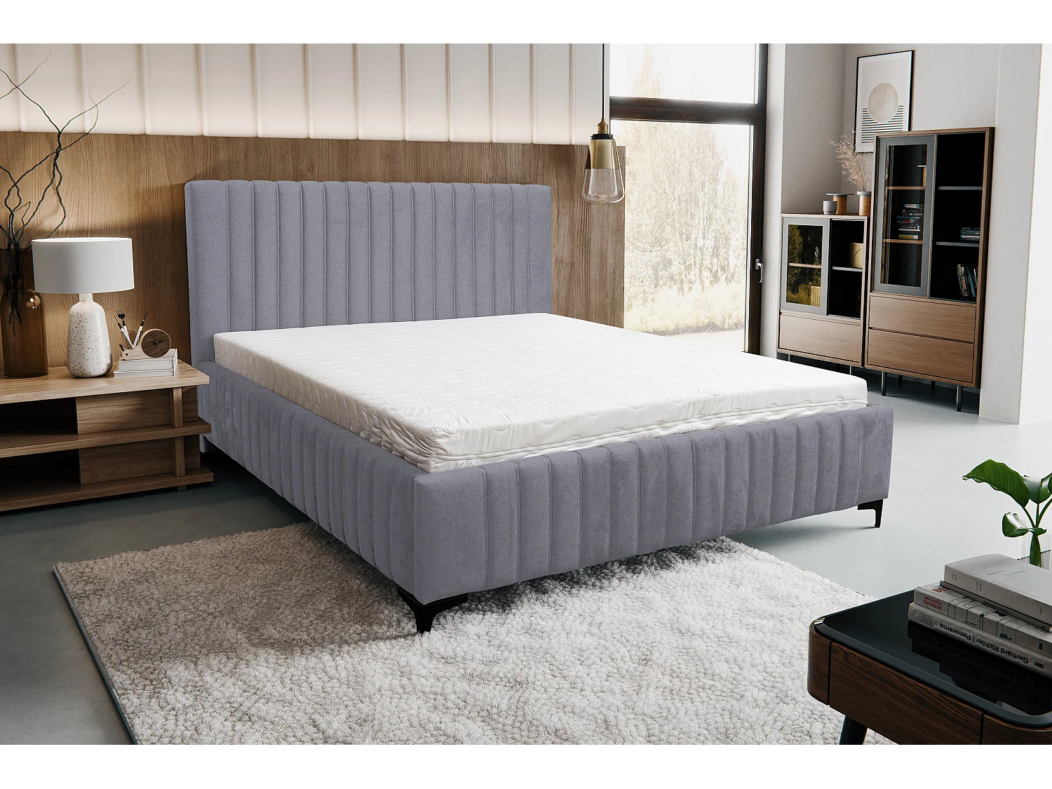 Lit rembourré Quant avec tête de lit, 160 x 200 cm, lit double avec coffre de rangement et sommier à lattes en métal, tissu velours, couleur : gris