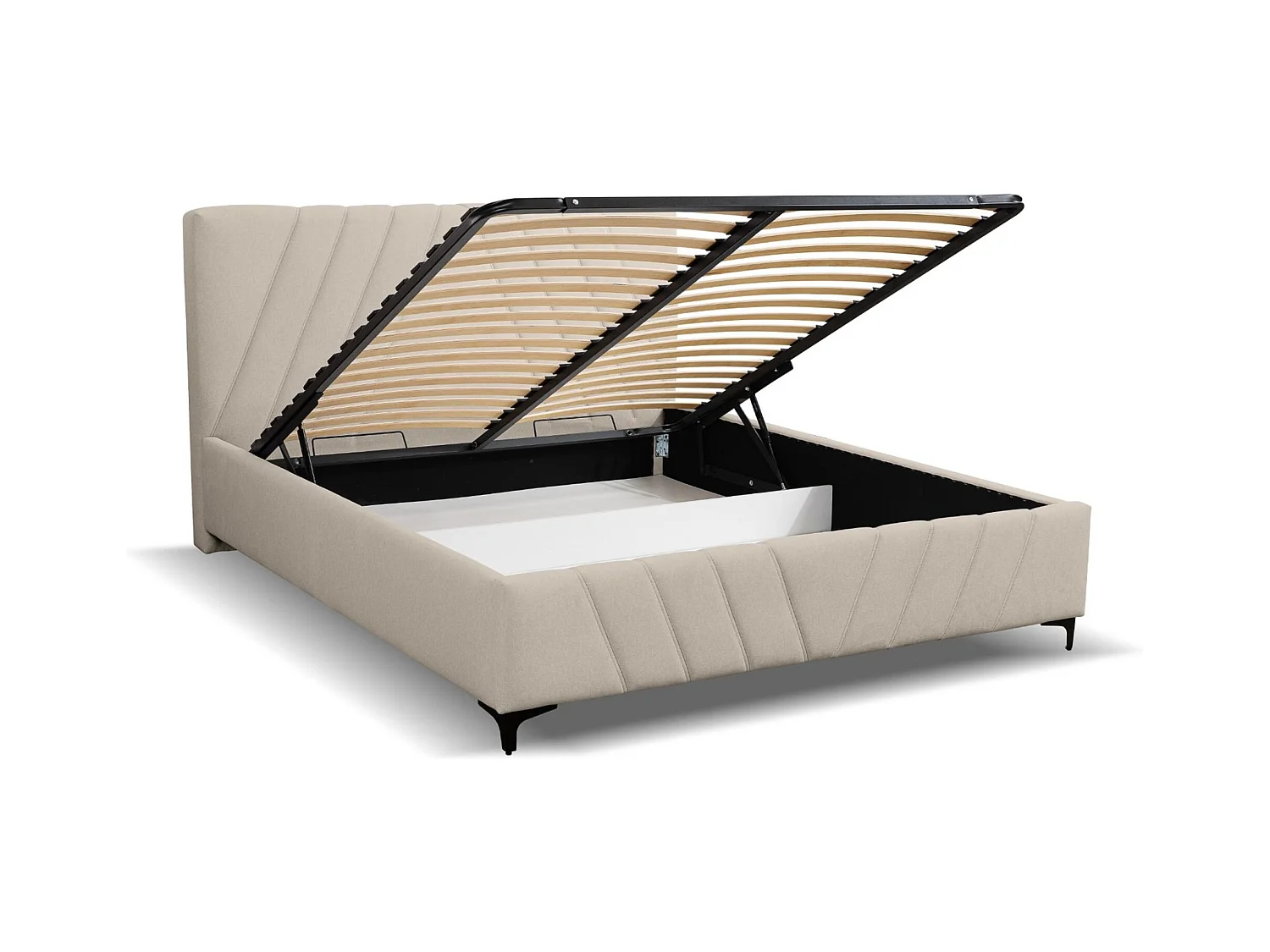 Lit rembourré Capri  avec tête de lit, 180 x 200 cm, lit double avec coffre de rangement et sommier à lattes en métal, tissu velours, couleur : beige