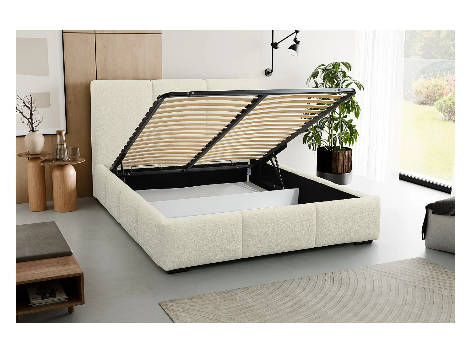 Lit rembourré Basti avec tête de lit, 160 x 200 cm, lit double avec coffre de rangement et sommier à lattes en métal, tissu bouclé, couleur : beige