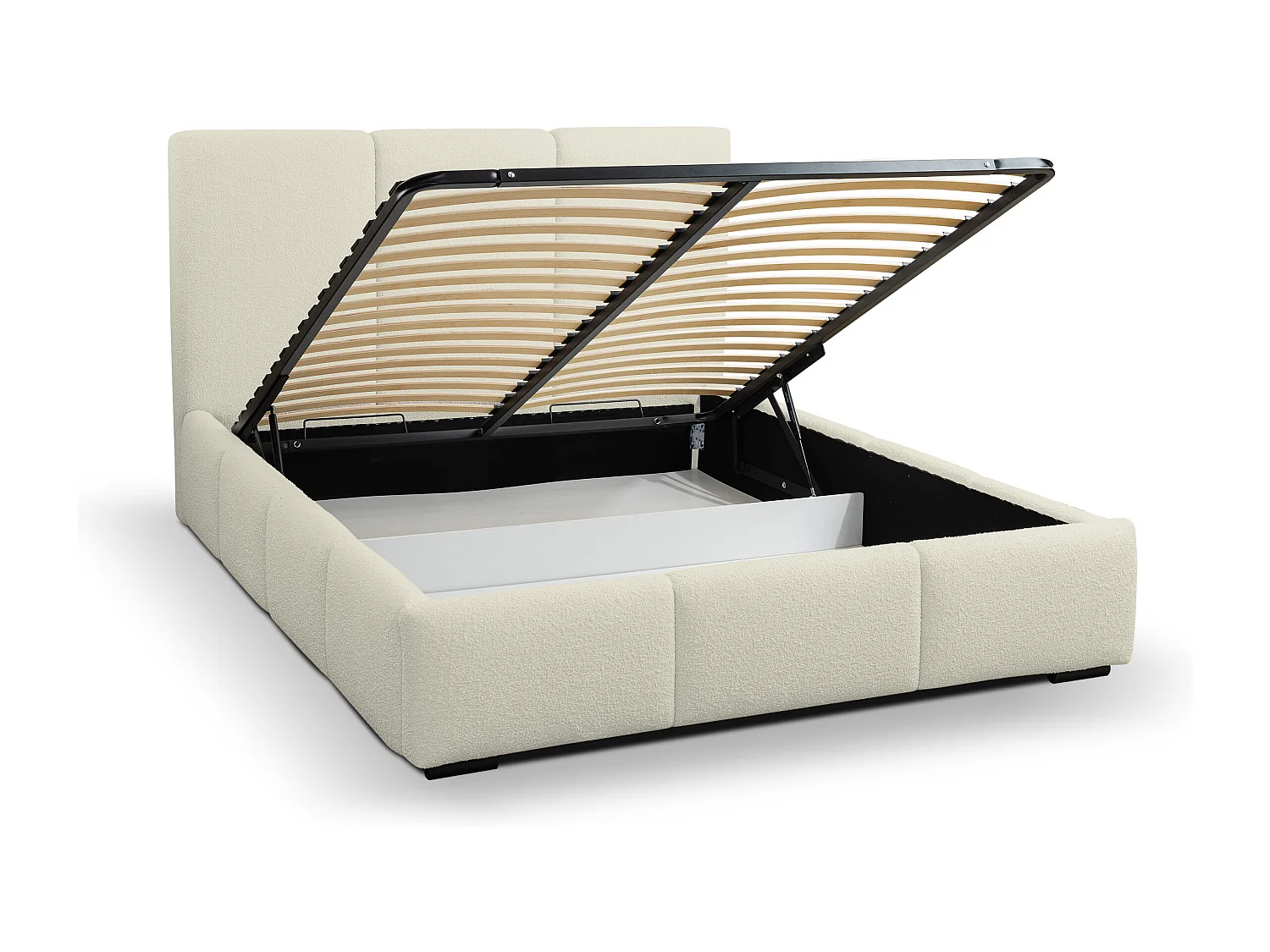 Lit rembourré Basti avec tête de lit, 160 x 200 cm, lit double avec coffre de rangement et sommier à lattes en métal, tissu bouclé, couleur : beige