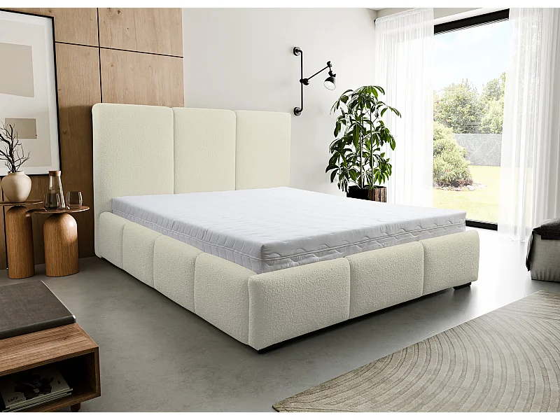 Lit rembourré Basti avec tête de lit, 160 x 200 cm, lit double avec coffre de rangement et sommier à lattes en métal, tissu bouclé, couleur : beige