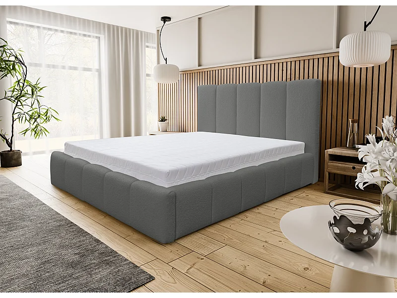 Polsterbett Marco mit Kopfteil, 180 x 200 cm, Doppelbett mit Bettkasten und Lattenrost aus Metall, Bouclé-Stoff, Frabe: Grau