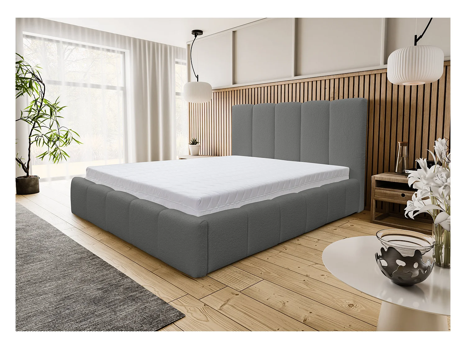 Lit rembourré Marco avec tête de lit, 180 x 200 cm, lit double avec coffre de rangement et sommier à lattes en métal, tissu bouclé, couleur : gris