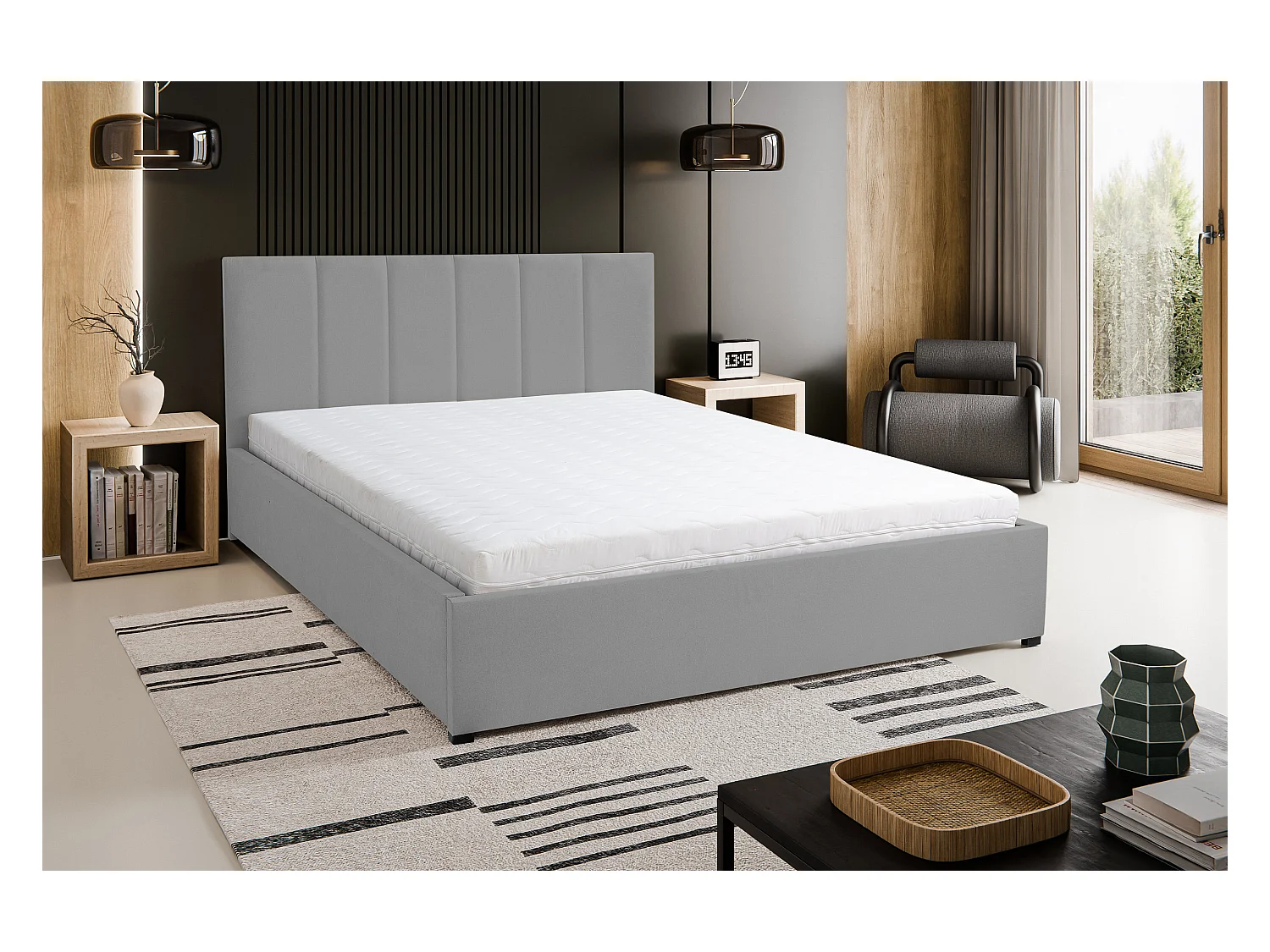 Lit rembourré LISA avec tête de lit, 160 x 200 cm, lit double avec coffre de rangement et sommier à lattes en velours, velours, couleur : gris