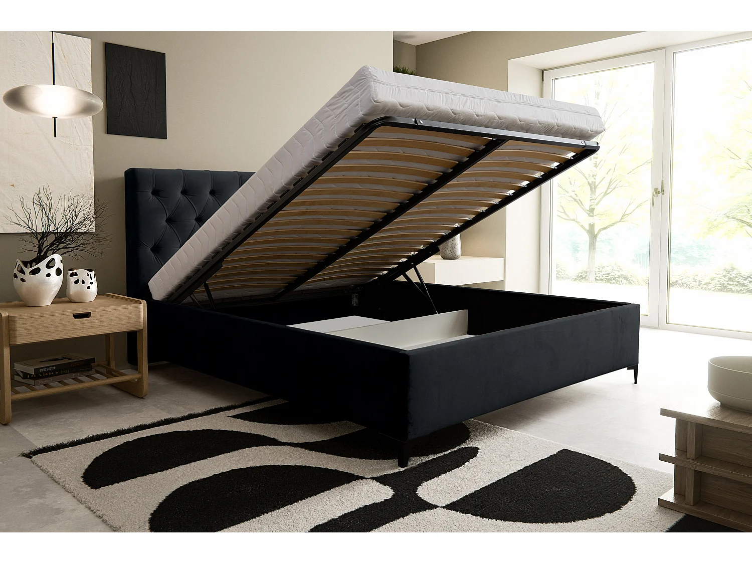 Lit rembourré Chesterfield avec tête de lit, 140 x 200 cm, lit double avec coffre de rangement et sommier à lattes en métal, tissu velours, couleur : noir