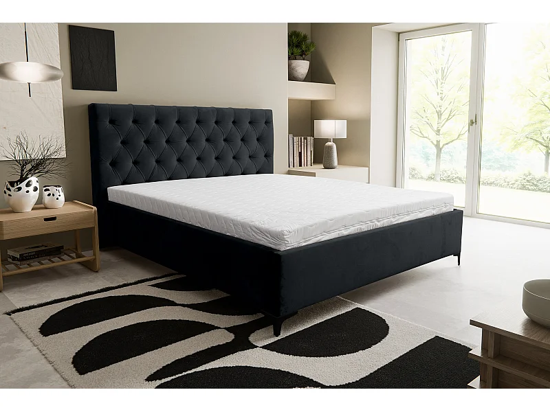 Lit rembourré Chesterfield avec tête de lit, 140 x 200 cm, lit double avec coffre de rangement et sommier à lattes en métal, tissu velours, couleur : noir