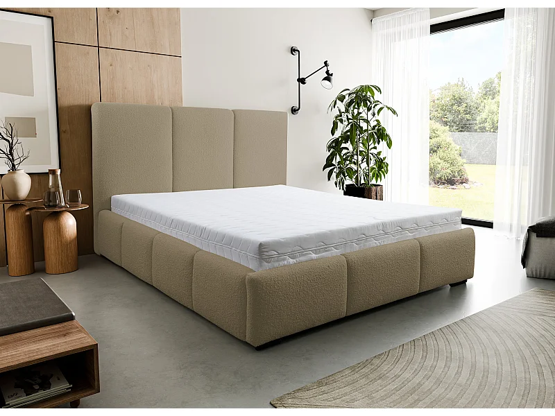 Lit rembourré Basti avec tête de lit, 160 x 200 cm, lit double avec coffre de rangement et sommier à lattes en métal, tissu bouclé, couleur : marron