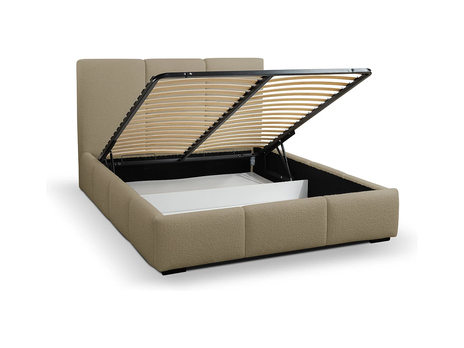 Lit rembourré Basti avec tête de lit, 160 x 200 cm, lit double avec coffre de rangement et sommier à lattes en métal, tissu bouclé, couleur : marron