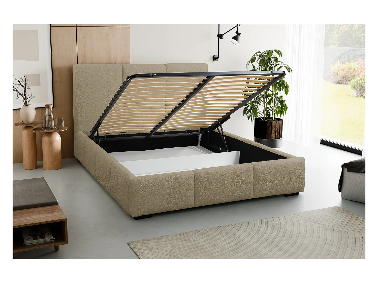 Lit rembourré Basti avec tête de lit, 160 x 200 cm, lit double avec coffre de rangement et sommier à lattes en métal, tissu bouclé, couleur : marron