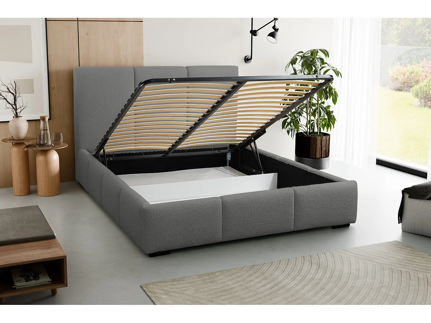 Lit rembourré Basti avec tête de lit, 180 x 200 cm, lit double avec coffre de rangement et sommier à lattes en métal, tissu bouclé, couleur : gris