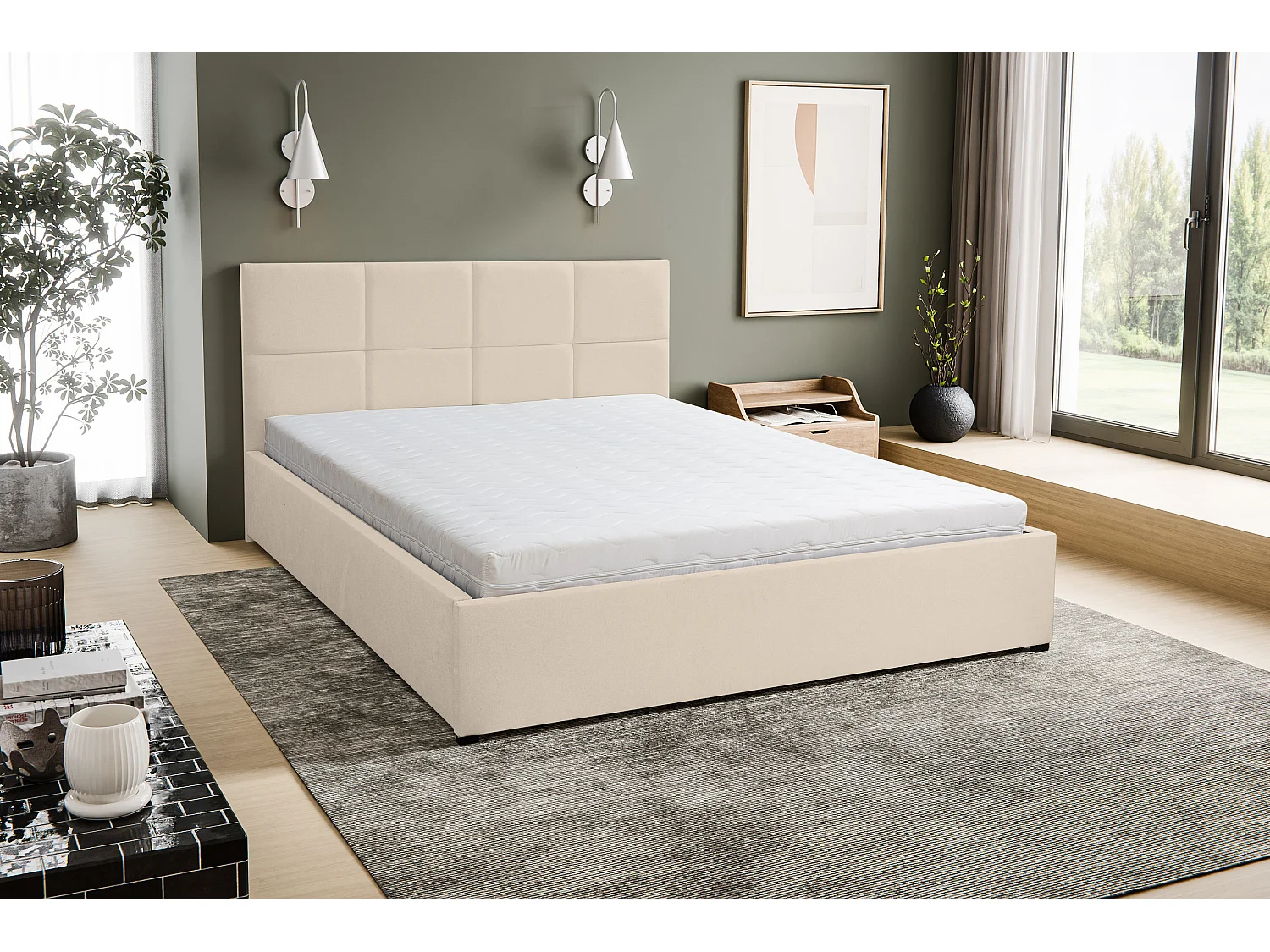 Polsterbett BETTY mit Kopfteil, 140 x200 cm, Doppelbett mit Bettkasten und Lattenrost aus Velourstoff, Velourstoff, Frabe: Beige