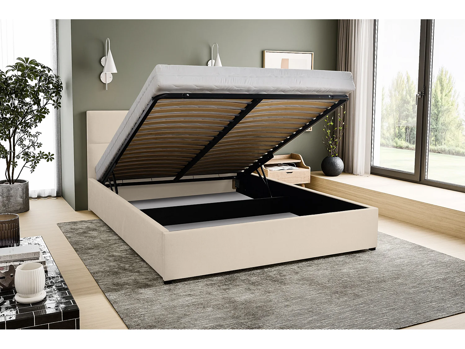 Polsterbett BETTY mit Kopfteil, 140 x200 cm, Doppelbett mit Bettkasten und Lattenrost aus Velourstoff, Velourstoff, Frabe: Beige