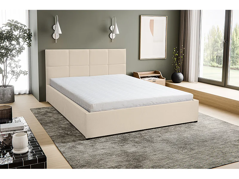 Polsterbett BETTY mit Kopfteil, 140 x200 cm, Doppelbett mit Bettkasten und Lattenrost aus Velourstoff, Velourstoff, Frabe: Beige