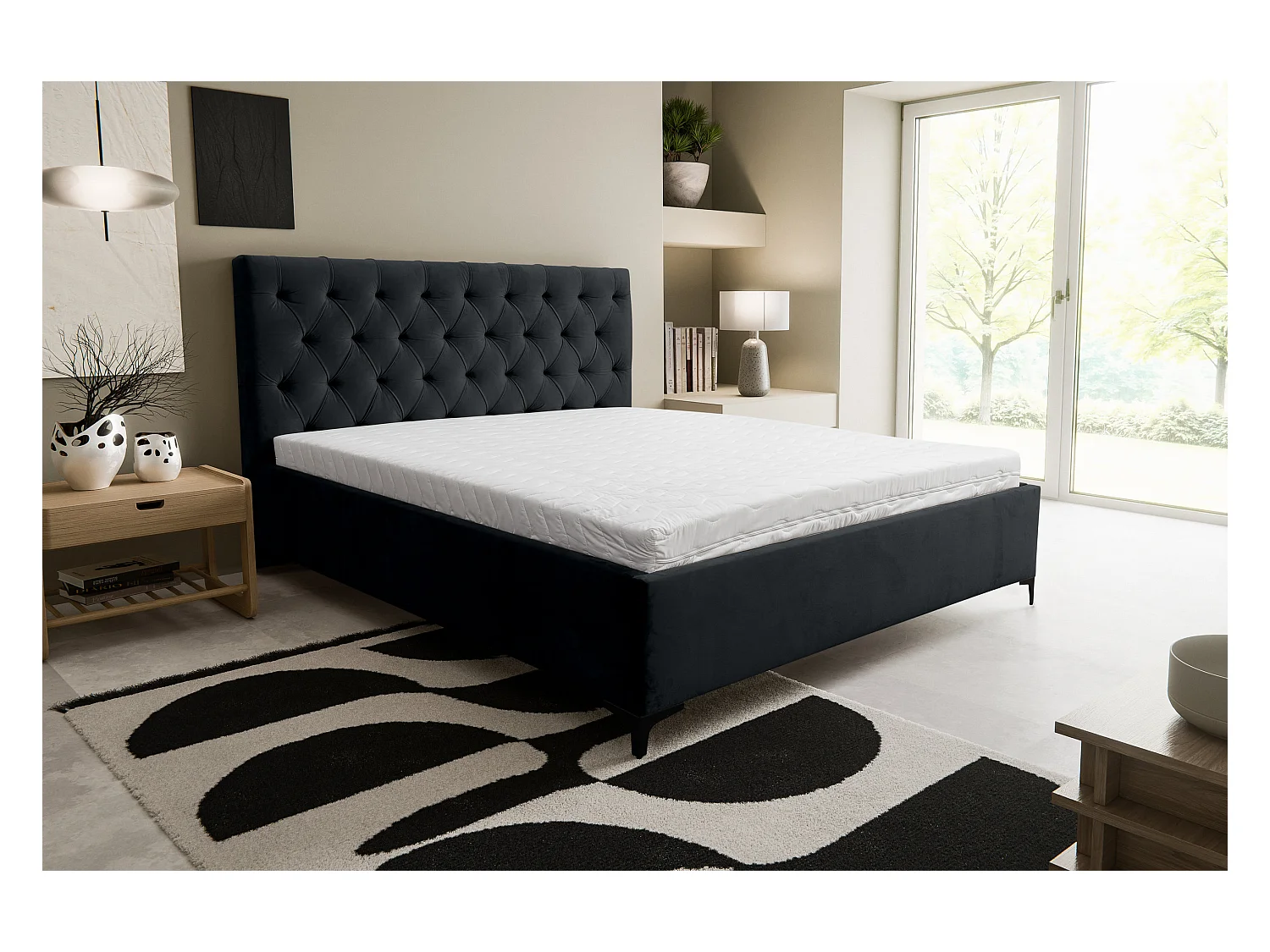 Lit rembourré Chesterfield avec tête de lit, 180 x 200 cm, lit double avec coffre de rangement et sommier à lattes en métal, tissu velours, couleur : noir