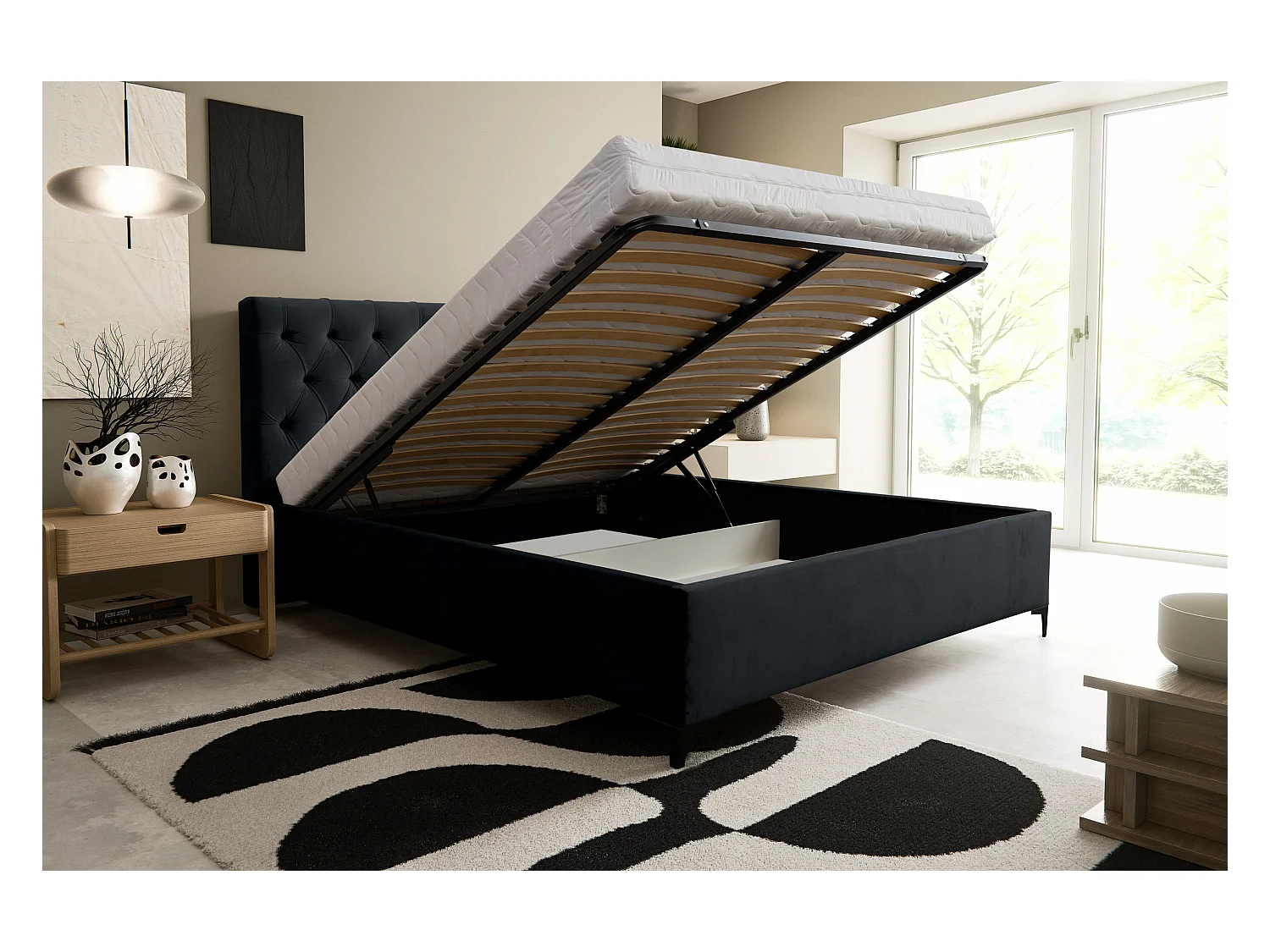 Lit rembourré Chesterfield avec tête de lit, 180 x 200 cm, lit double avec coffre de rangement et sommier à lattes en métal, tissu velours, couleur : noir