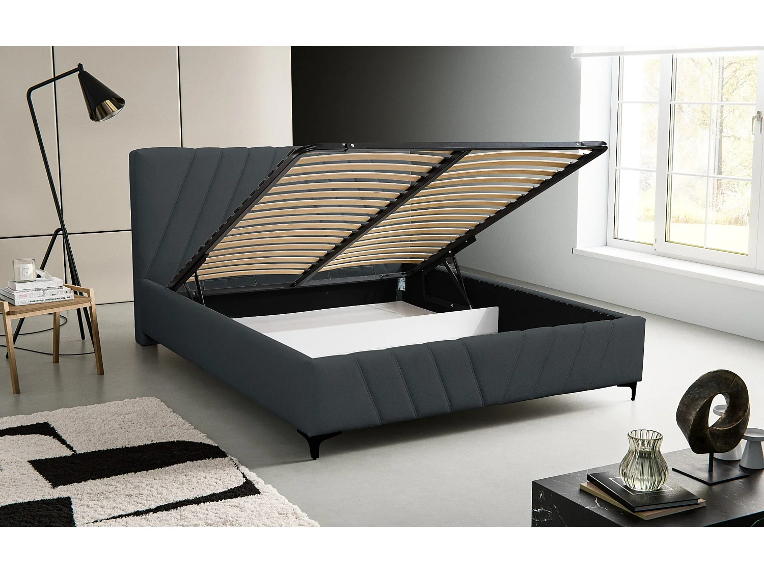 Lit rembourré Capri avec tête de lit, 180 x 200 cm, lit double avec coffre de rangement et sommier à lattes en métal, tissu velours, couleur : noir