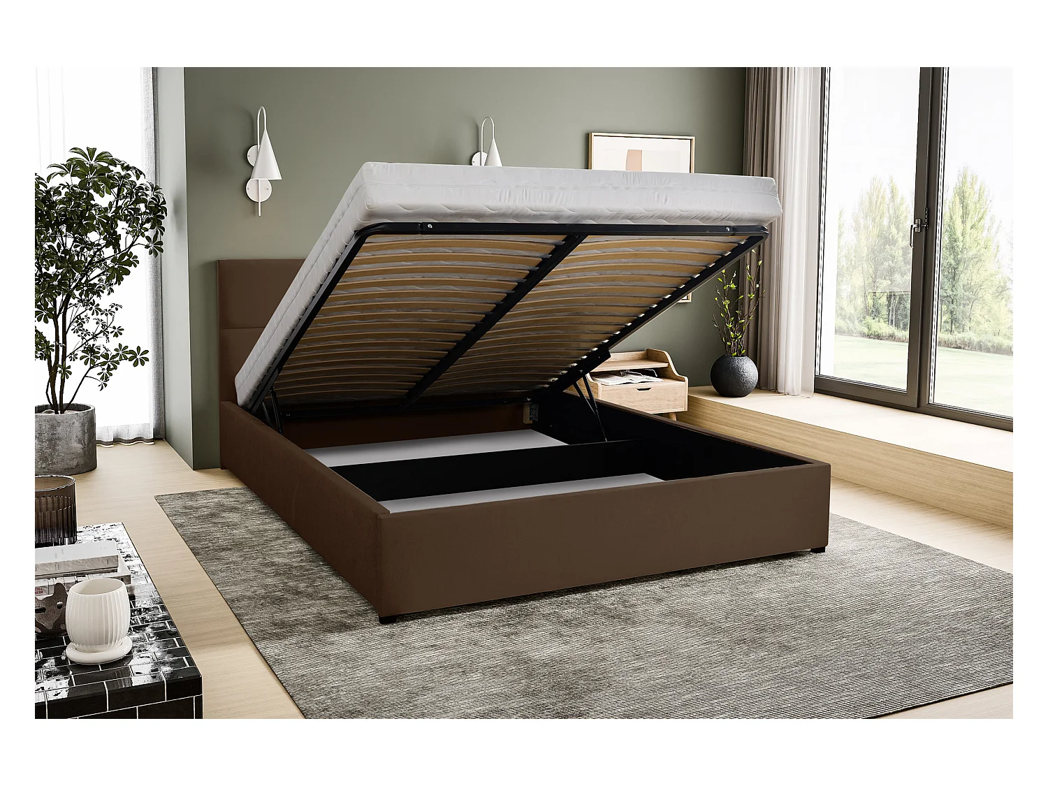 Lit rembourré BETTY avec tête de lit, 180 x 200 cm, lit double avec coffre de rangement et sommier à lattes en velours, velours, couleur : marron