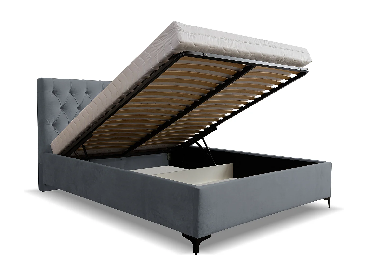 Lit rembourré Chesterfield avec tête de lit, 140 x 200 cm, lit double avec coffre de rangement et sommier à lattes en métal, tissu velours, couleur : gris