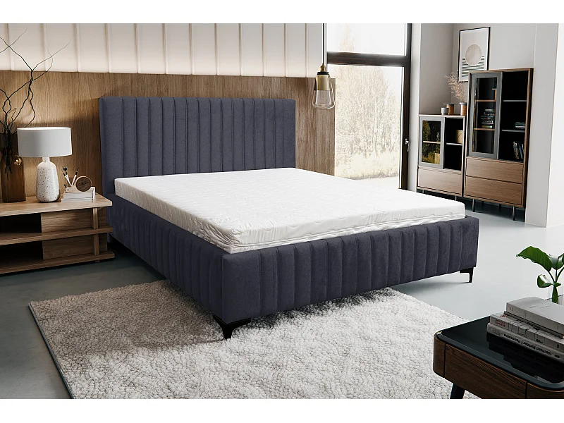 Polsterbett Quant mit Kopfteil, 140 x 200 cm, Doppelbett mit Bettkasten und Lattenrost aus Metall, Velourstoff, Frabe: Schwarz