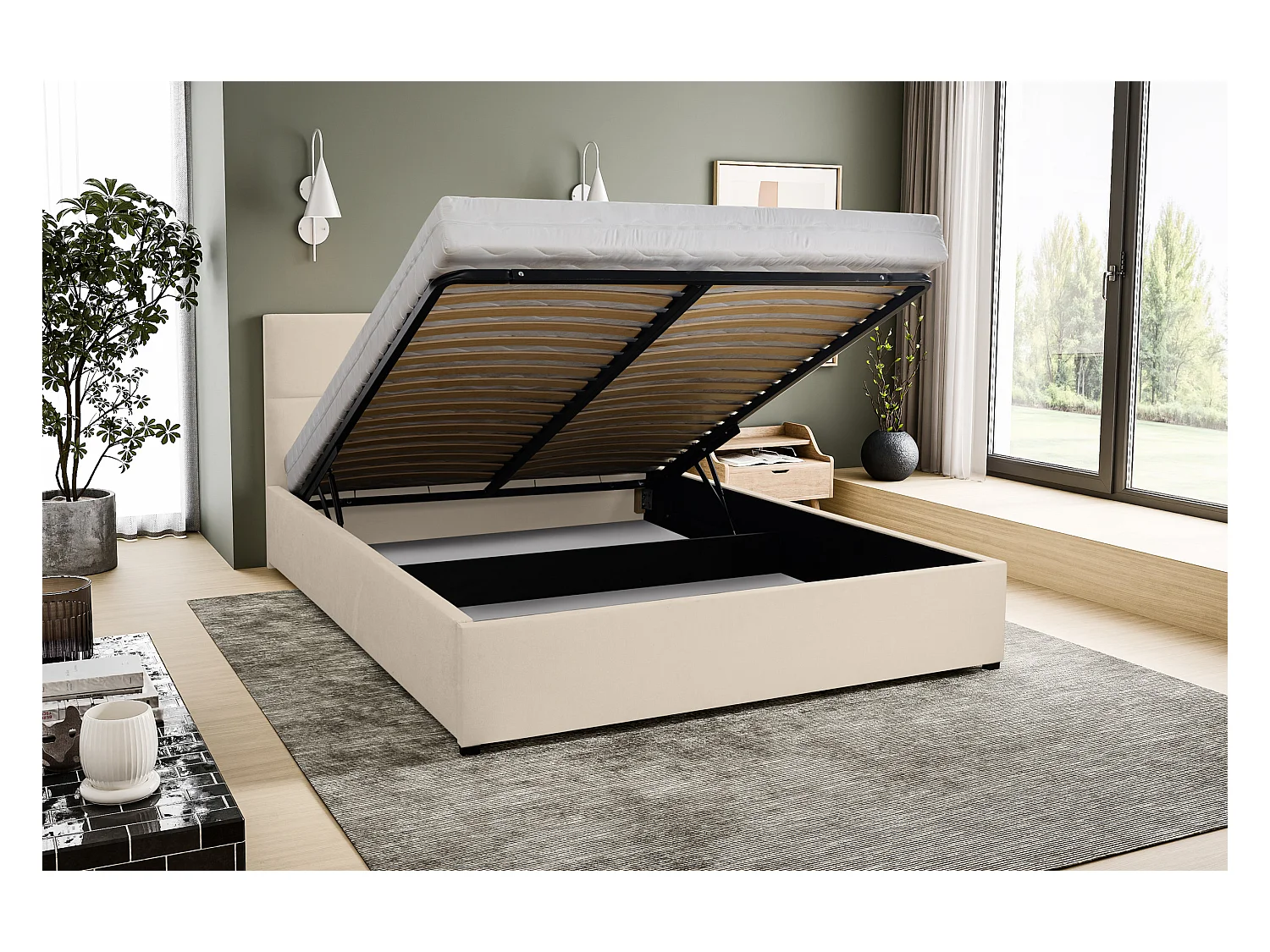 Lit rembourré BETTY avec tête de lit, 160 x 200 cm, lit double avec coffre de rangement et sommier à lattes en velours, velours, couleur : beige