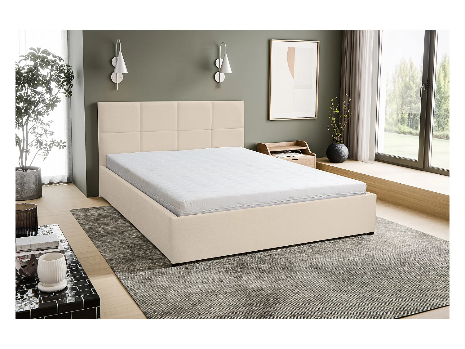 Polsterbett BETTY mit Kopfteil, 160 x200 cm, Doppelbett mit Bettkasten und Lattenrost aus Velourstoff, Velourstoff, Frabe: Beige