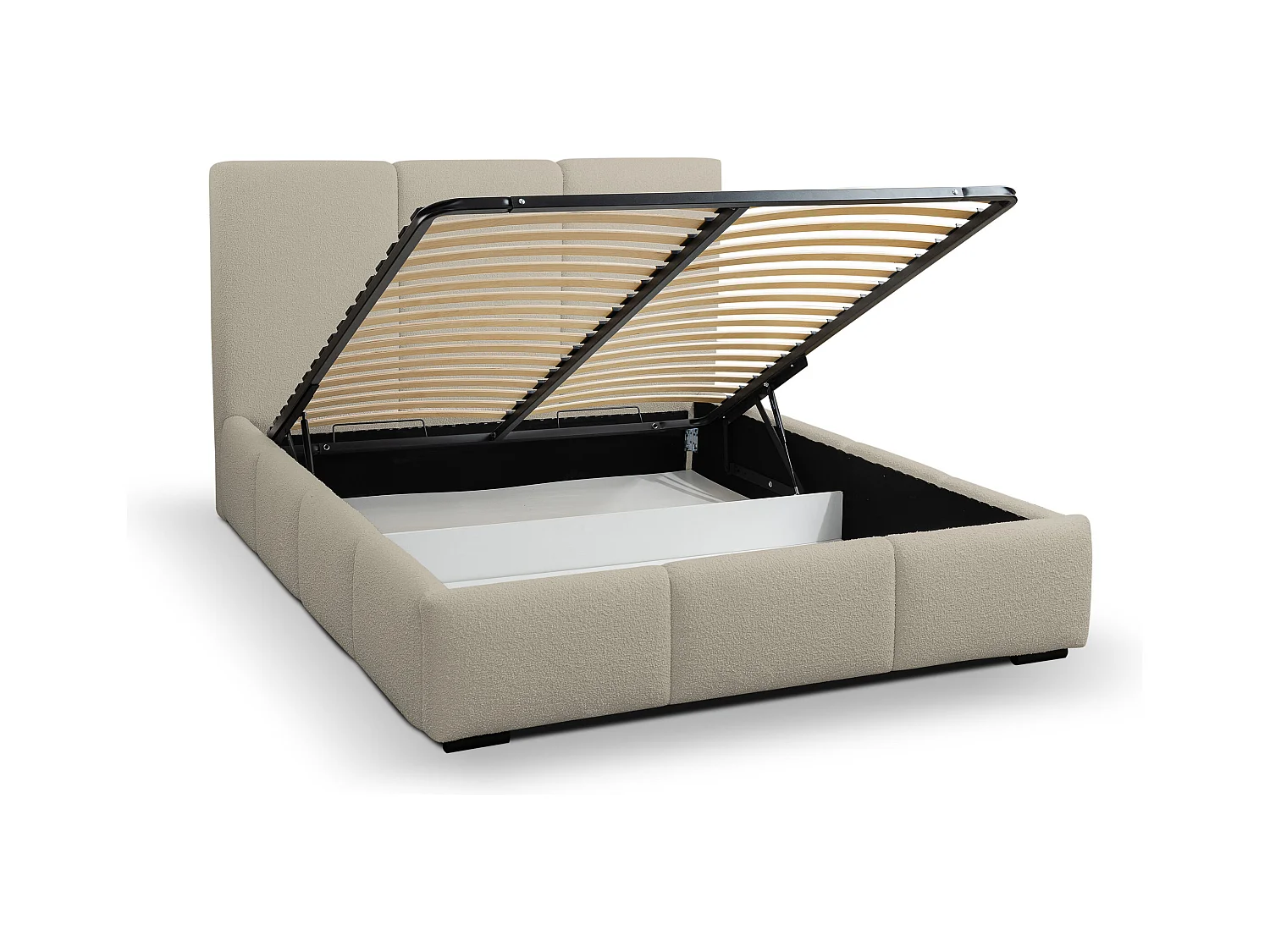 Lit rembourré Basti avec tête de lit, 160 x 200 cm, lit double avec coffre de rangement et sommier à lattes en métal, tissu bouclé, couleur : marron clair