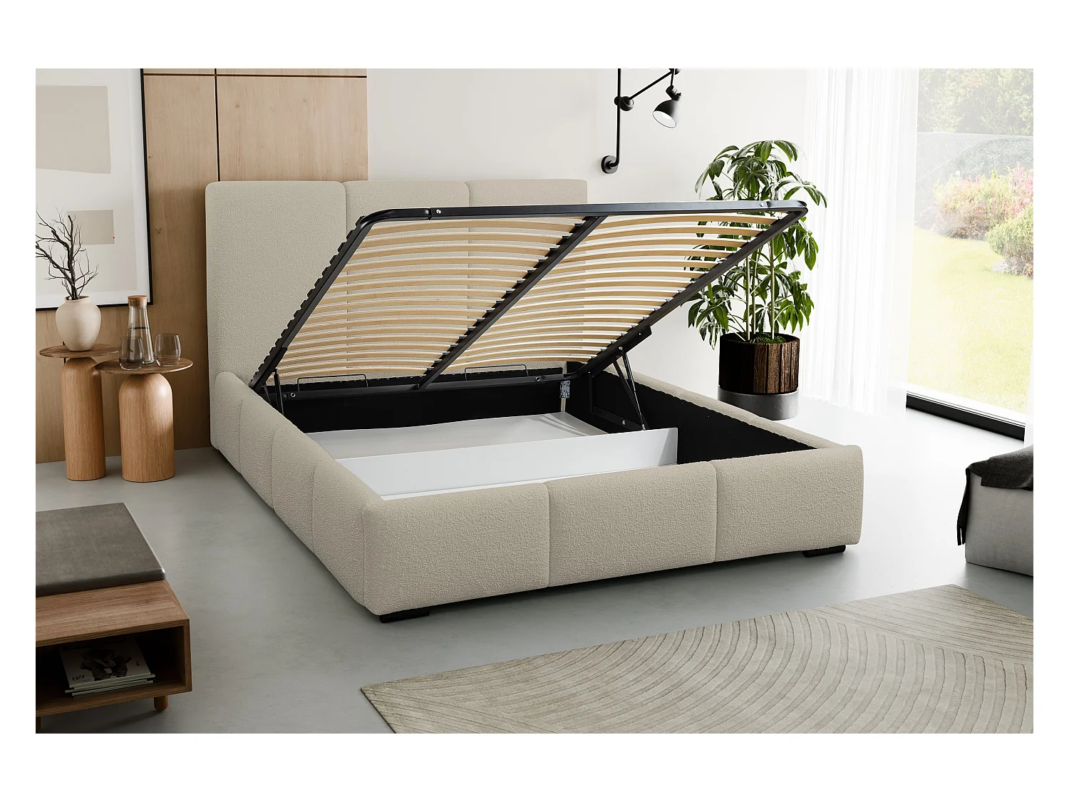 Lit rembourré Basti avec tête de lit, 160 x 200 cm, lit double avec coffre de rangement et sommier à lattes en métal, tissu bouclé, couleur : marron clair