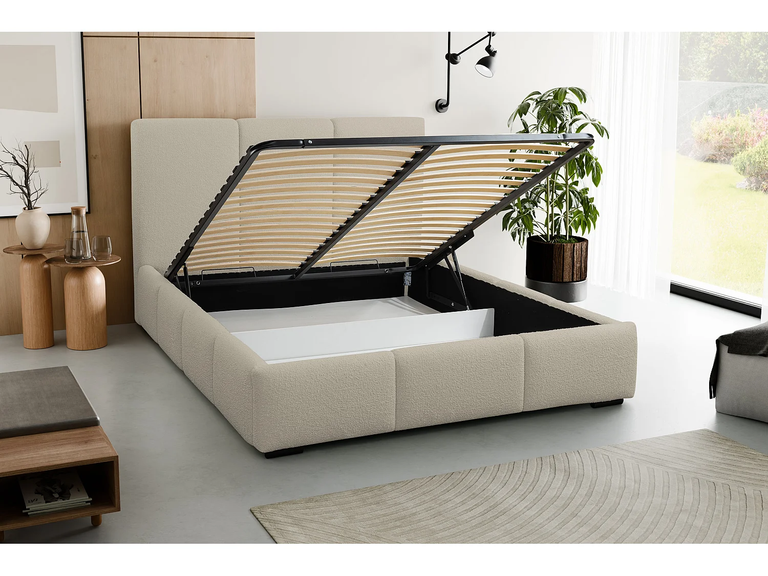 Lit rembourré Basti avec tête de lit, 160 x 200 cm, lit double avec coffre de rangement et sommier à lattes en métal, tissu bouclé, couleur : marron clair