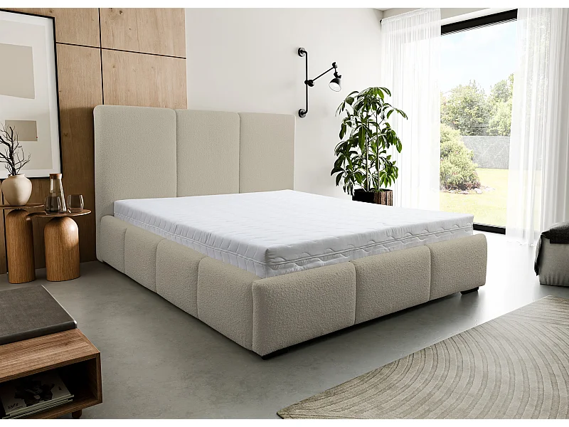 Lit rembourré Basti avec tête de lit, 160 x 200 cm, lit double avec coffre de rangement et sommier à lattes en métal, tissu bouclé, couleur : marron clair