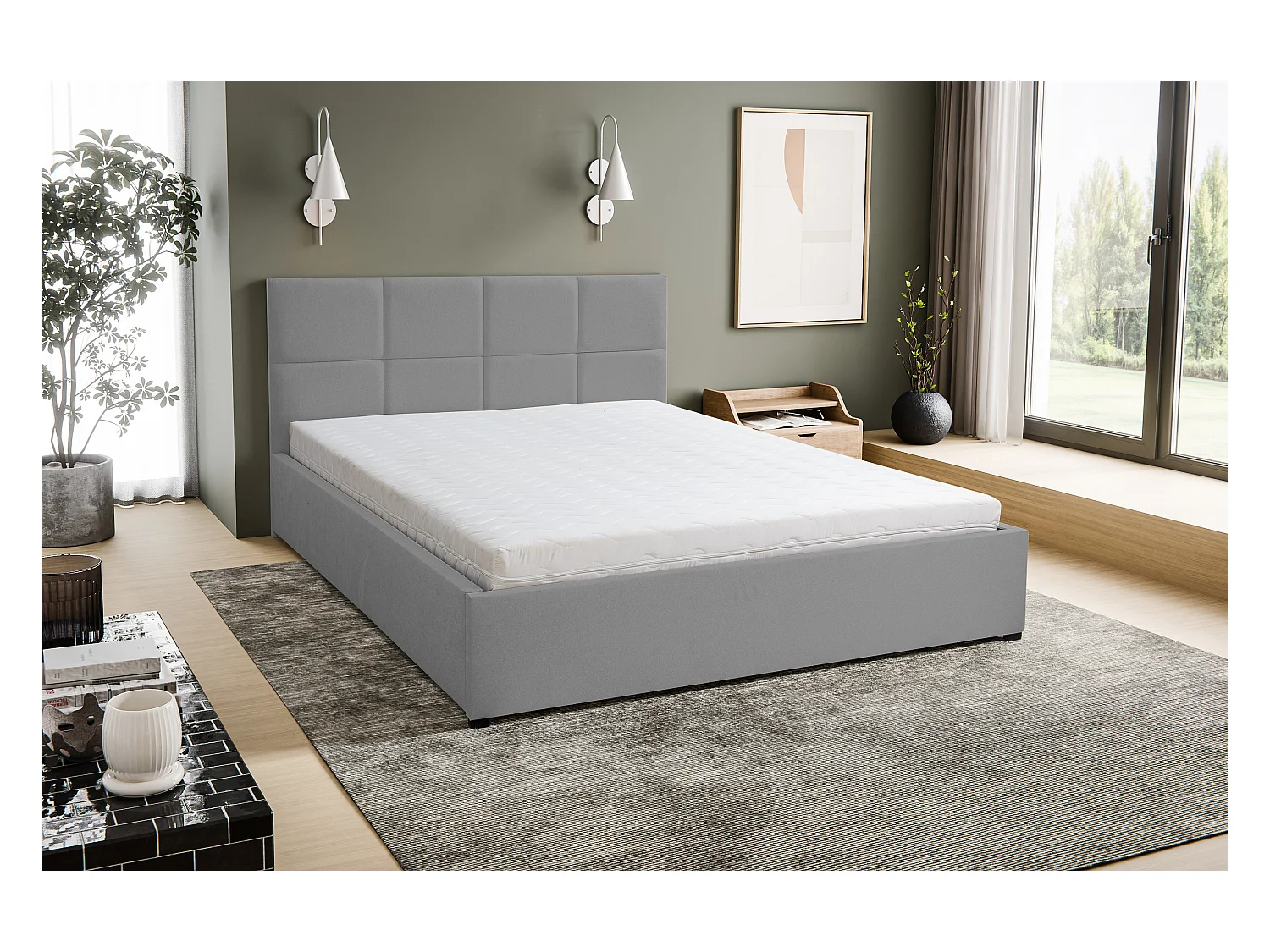 Lit rembourré BETTY avec tête de lit, 160 x 200 cm, lit double avec coffre de rangement et sommier à lattes en velours, velours, couleur : gris