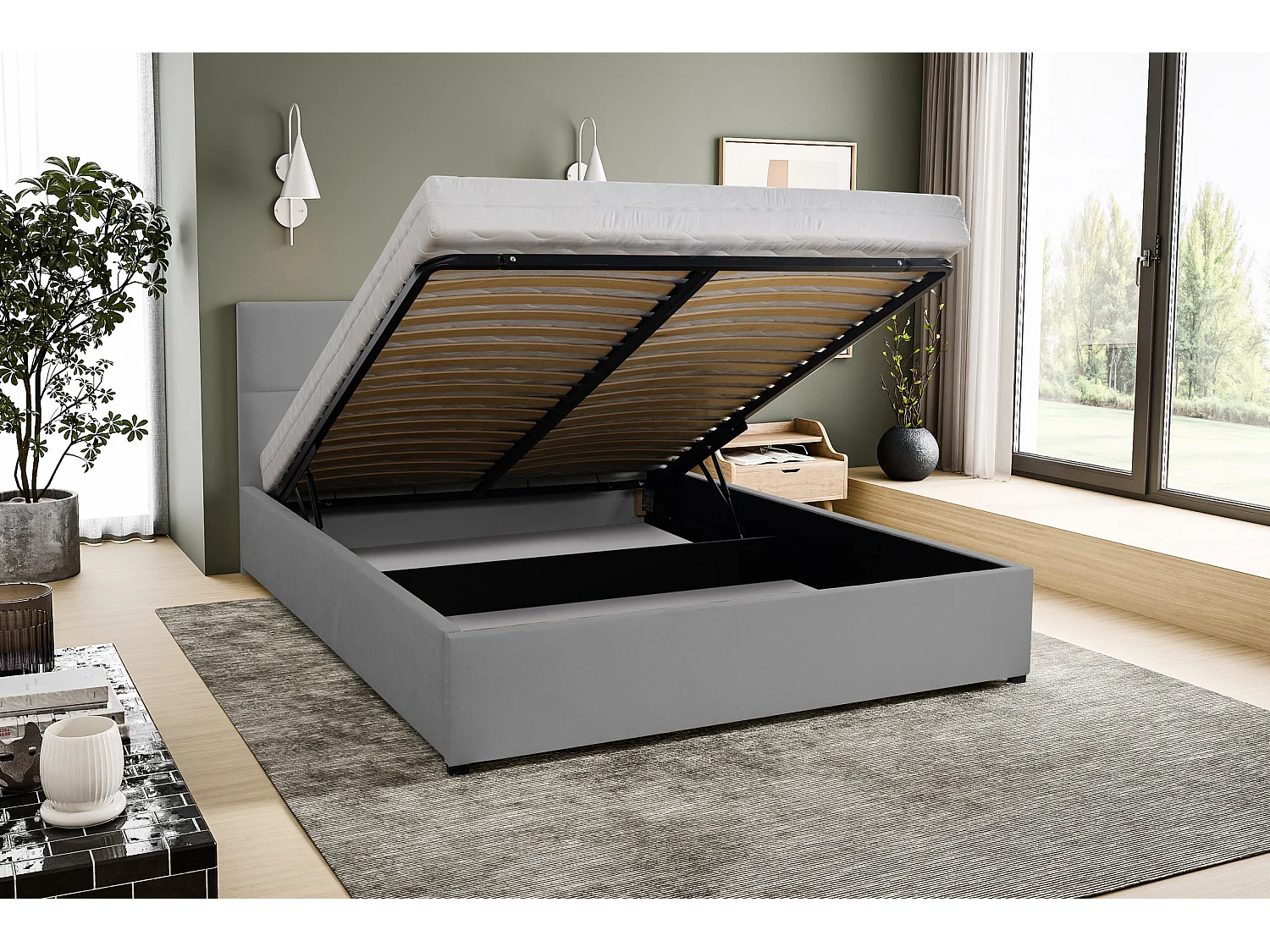 Polsterbett BETTY mit Kopfteil, 160 x200 cm, Doppelbett mit Bettkasten und Lattenrost aus Velourstoff, Velourstoff, Frabe: Grau