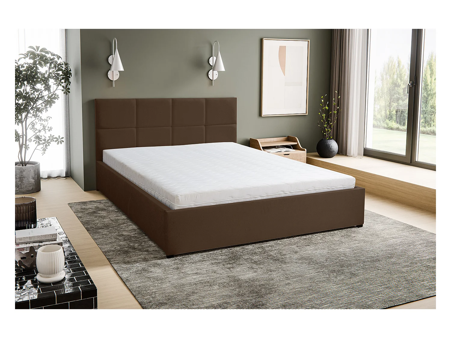 Lit rembourré BETTY avec tête de lit, 140 x 200 cm, lit double avec coffre de rangement et sommier à lattes en velours, velours, couleur : marron