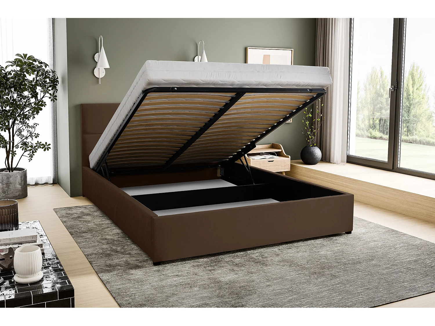 Polsterbett BETTY mit Kopfteil, 140 x200 cm, Doppelbett mit Bettkasten und Lattenrost aus Velourstoff, Velourstoff, Frabe: Braun