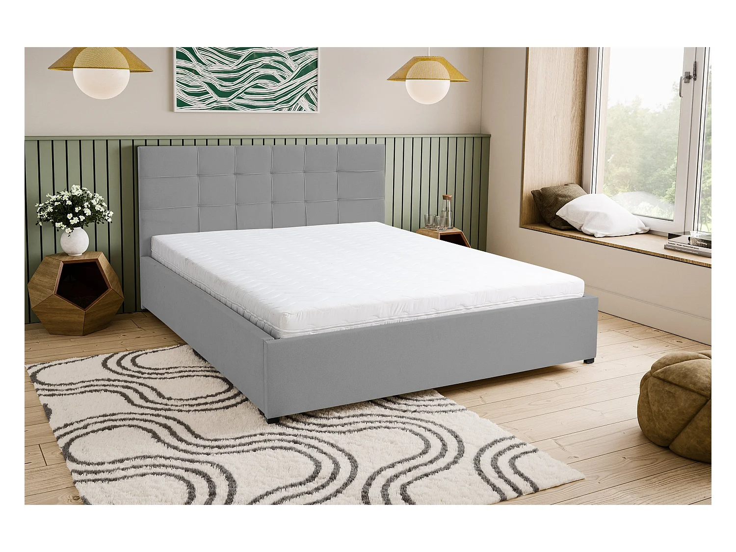 Lit rembourré JESSA avec tête de lit, 160 x 200 cm, lit double avec coffre de rangement et sommier à lattes en velours, velours, couleur : gris