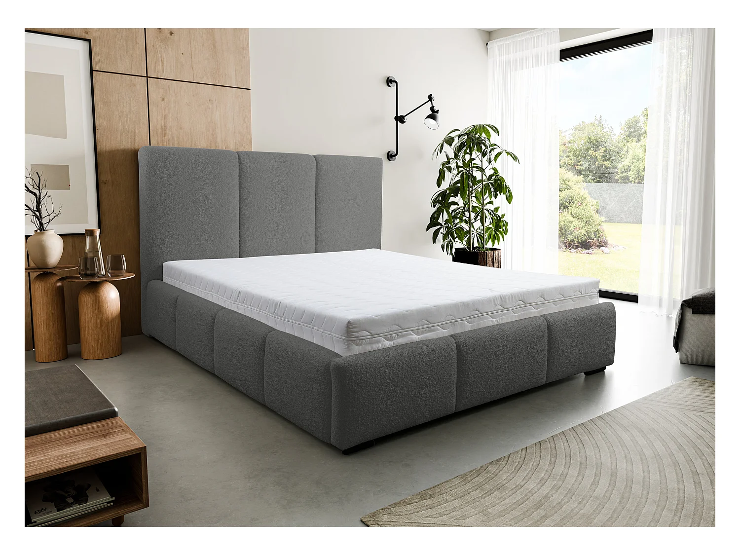 Lit rembourré Basti avec tête de lit, 140 x 200 cm, lit double avec coffre de rangement et sommier à lattes en métal, tissu bouclé, couleur : gris