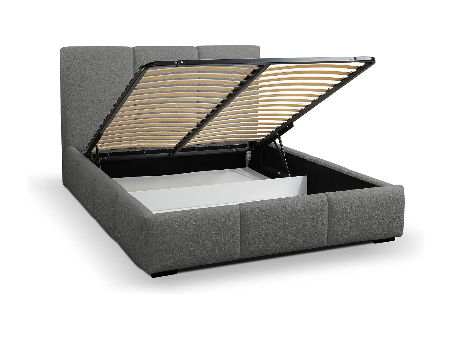 Lit rembourré Basti avec tête de lit, 140 x 200 cm, lit double avec coffre de rangement et sommier à lattes en métal, tissu bouclé, couleur : gris
