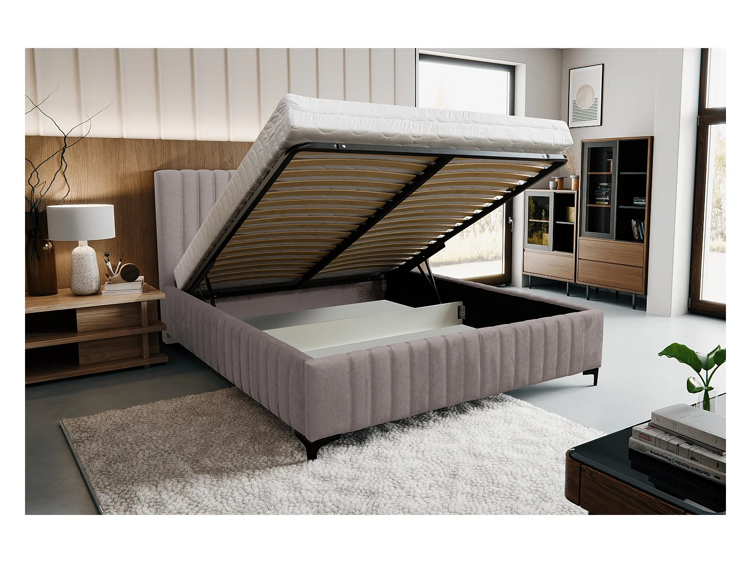 Lit rembourré Quant avec tête de lit, 160 x 200 cm, lit double avec coffre de rangement et sommier à lattes en métal, tissu velours, couleur : marron