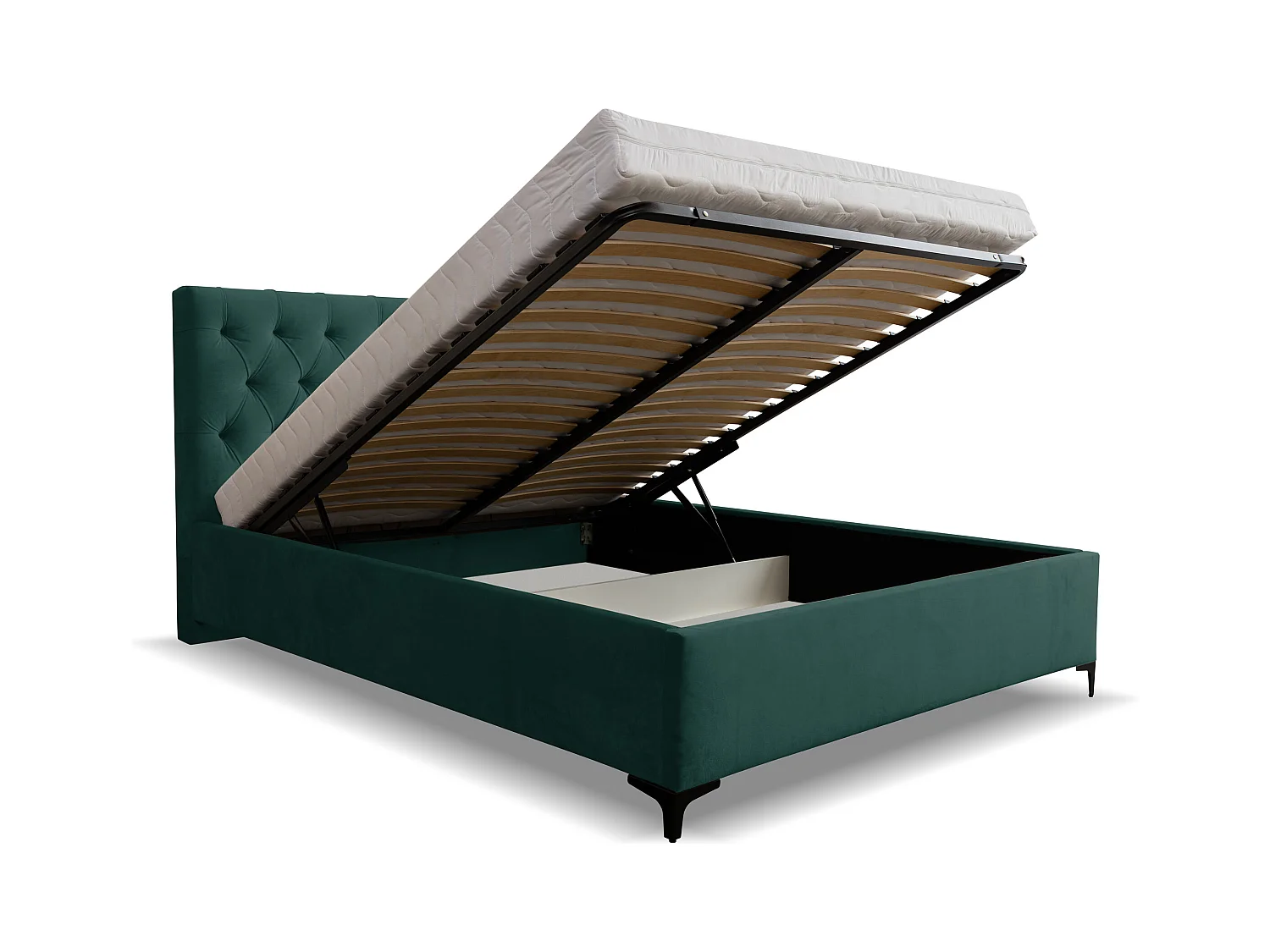 Lit rembourré Chesterfield avec tête de lit, 140 x 200 cm, lit double avec coffre de rangement et sommier à lattes en métal, tissu velours, couleur : vert
