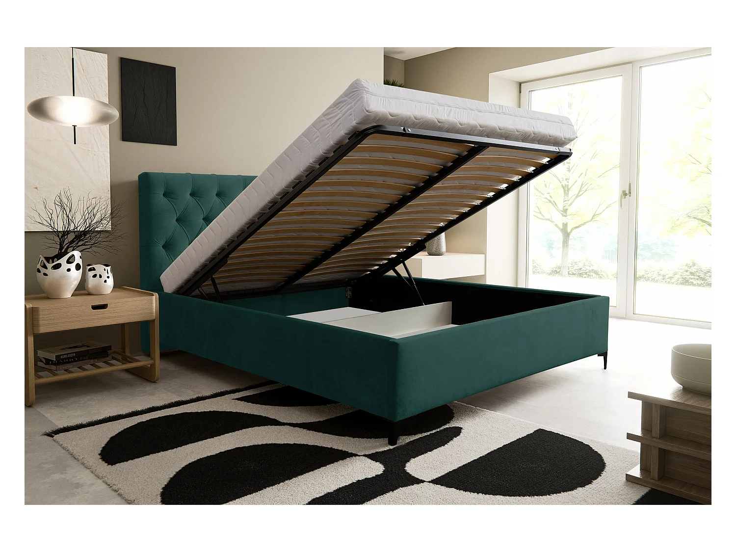 Lit rembourré Chesterfield avec tête de lit, 140 x 200 cm, lit double avec coffre de rangement et sommier à lattes en métal, tissu velours, couleur : vert