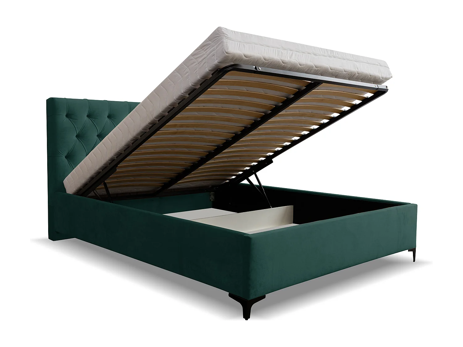 Lit rembourré Chesterfield avec tête de lit, 140 x 200 cm, lit double avec coffre de rangement et sommier à lattes en métal, tissu velours, couleur : vert