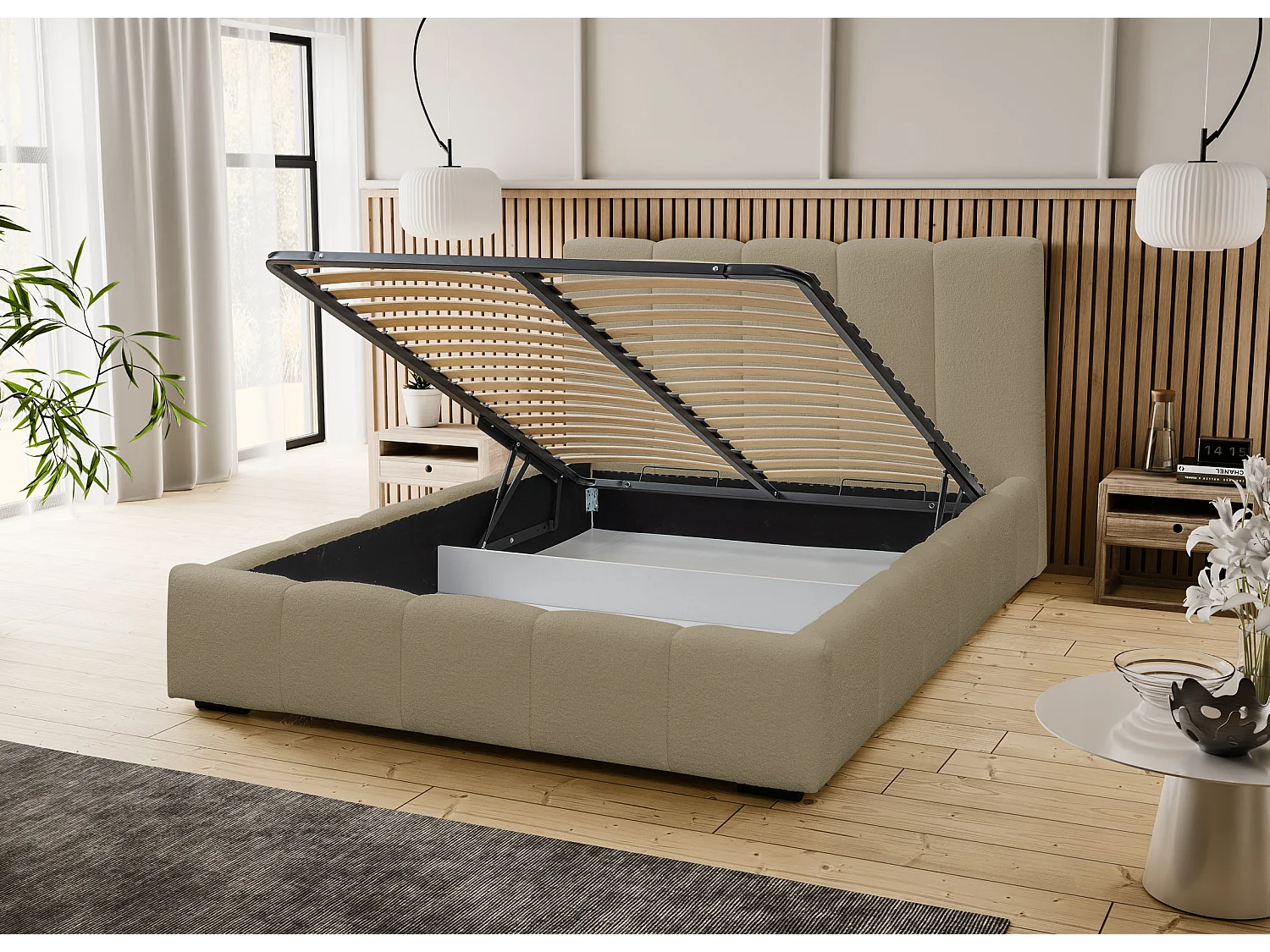 Lit rembourré Marco avec tête de lit, 180 x 200 cm, lit double avec coffre de rangement et sommier à lattes en métal, tissu bouclé, couleur : marron