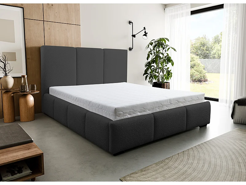 Lit rembourré Basti avec tête de lit, 180 x 200 cm, lit double avec coffre de rangement et sommier à lattes en métal, tissu bouclé, couleur : noir