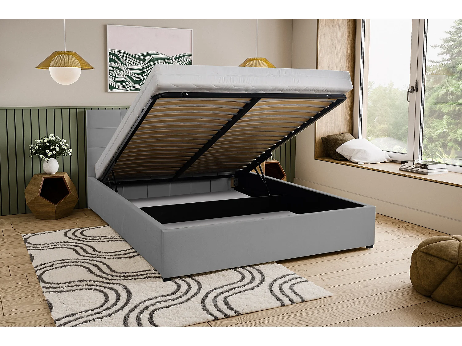 Lit rembourré JESSA avec tête de lit, 140 x 200 cm, lit double avec coffre de rangement et sommier à lattes en velours, velours, couleur : gris