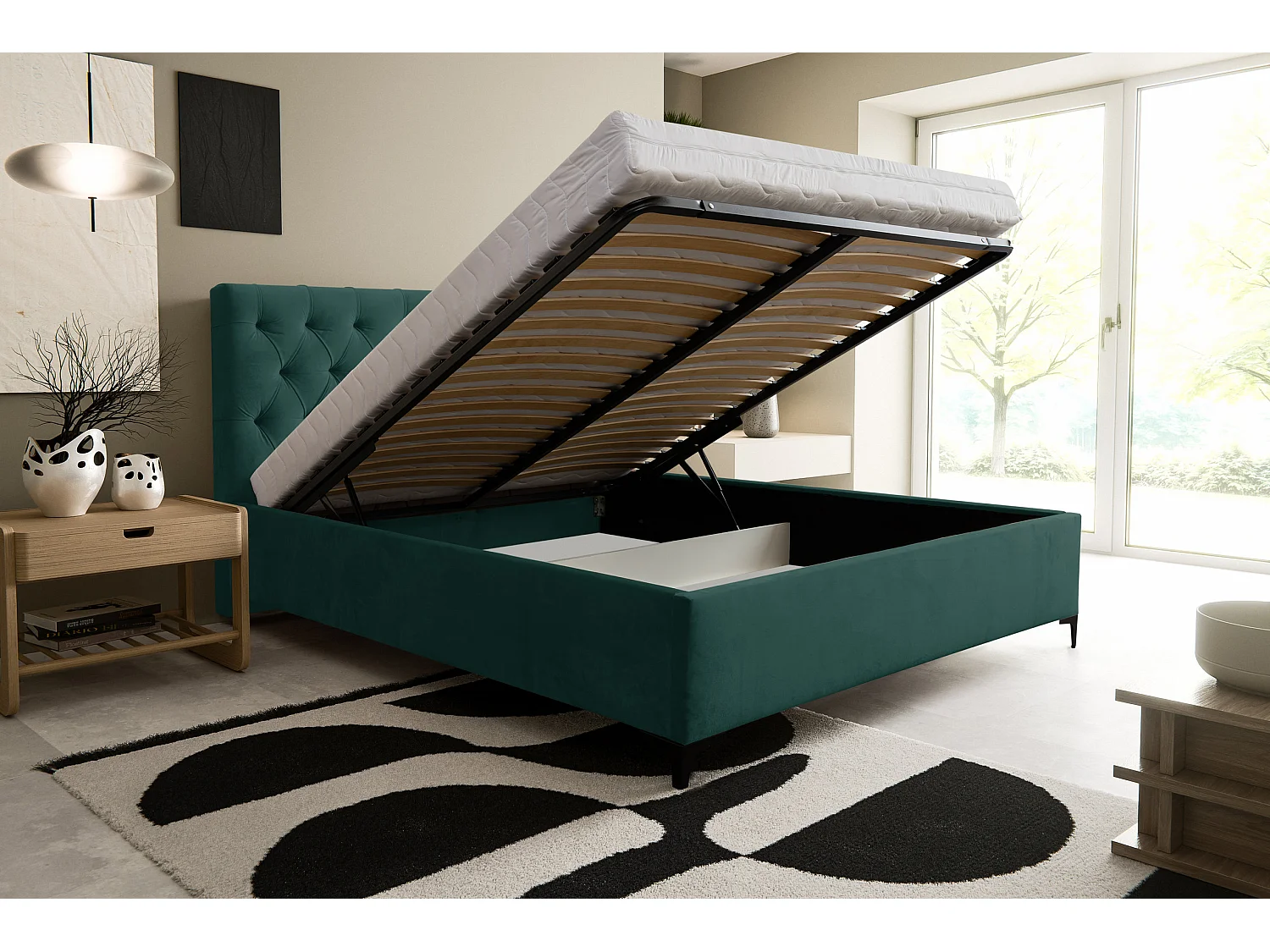 Lit rembourré Chesterfield avec tête de lit, 160 x 200 cm, lit double avec coffre de rangement et sommier à lattes en métal, tissu velours, couleur : vert